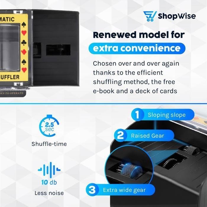 ShopWise Mélangeur de cartes automatique – Mélangeur de cartes électronique alimenté par batterie avec cartes à jouer gratuites et
