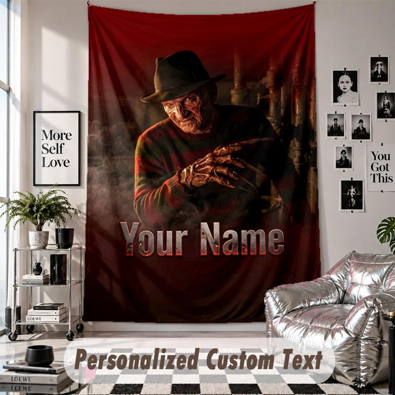 Custom Tapestry Wall Hanging, A Nightmare on Elm Street Freddy Krueger Personalized Name Text Home Wall Decor