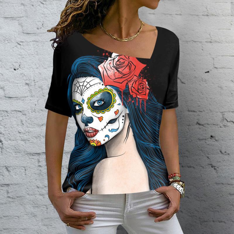 Women's T Shirt Vintage Skull 3D Printed V-neck Blouses Casual Short Sleeve Pullover Tops Summer Oversized Harajuku Clothes Tees