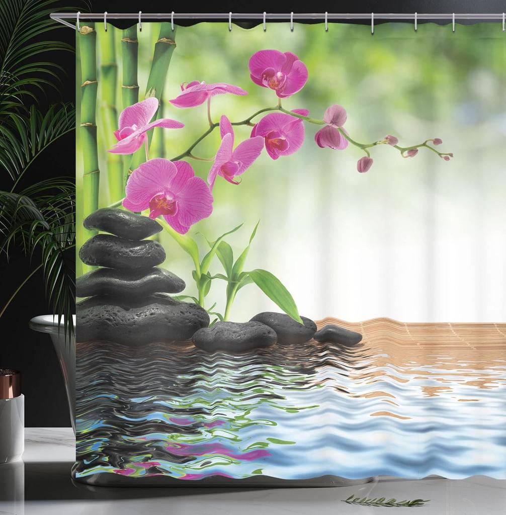 Orchid Shower Curtain, Greenery Composition Of Tree And Exotic Wild Fuchsia Flowers Stones, Cloth Fabric Bathroom Deco