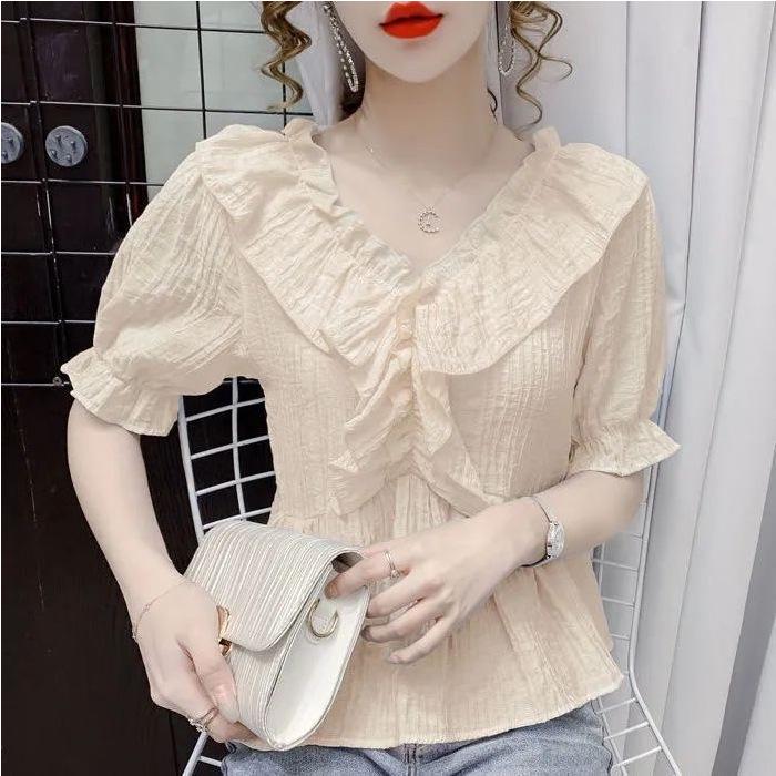 Women's Summer French V-neck Ruffle Puff Sleeve Top – Versatile and Fashionable