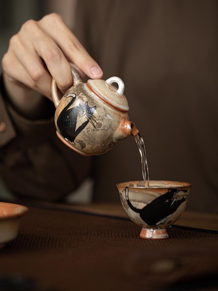 100ml Kiln Change Zhiye Cat Ceramic Teapot Wood-fired Porcelain Small Pot Making Tea Ball Hole Filter Kettle Kung Fu Tea Set