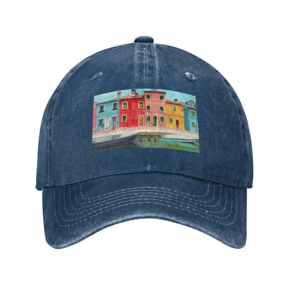 Watercolor Burano quarter in Venice Baseball Cap summer hat Fishing cap Vintage Women's Hats Men's