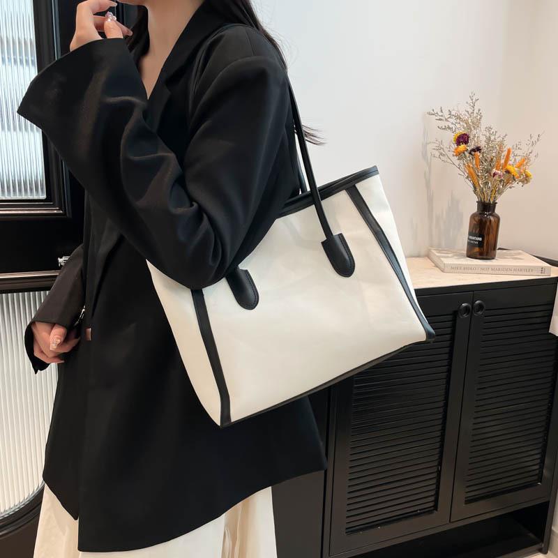 Minimalist Casual Women Tote Bag with Brown Trim Plush Keychain Accent Roomy Large Capacity Shoulder Bag for Everyday Styling