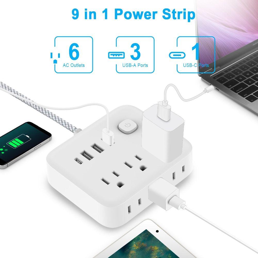 Type C Port Braided Cord Power Strip 3 USB Slots Type C Power Strip America Standard
