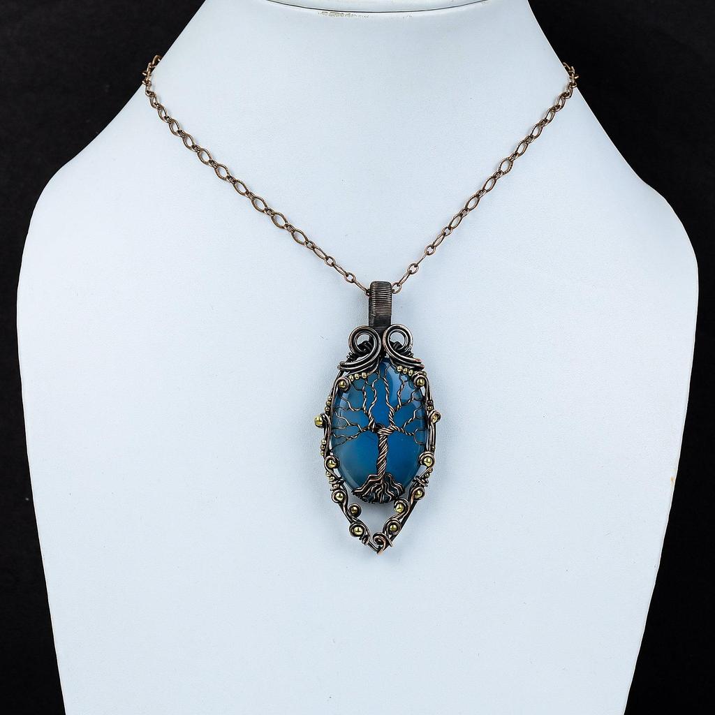 Tree Of Life Blue Chalcedony Gemstone Pure Copper Wire Wrapped Handmade Pendant Jewelry