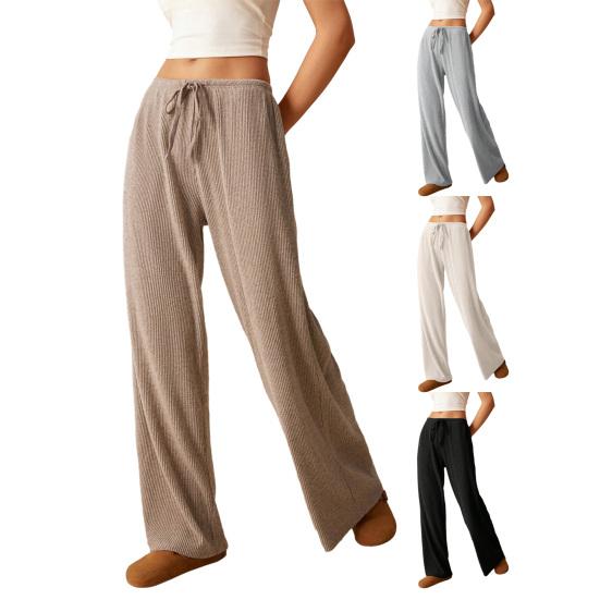Women Pants Casual Wide Leg Trousers Elastic Waist Adjustable Drawstring Solid Color Loose Fit Trousers Work Travel Daily Wear
