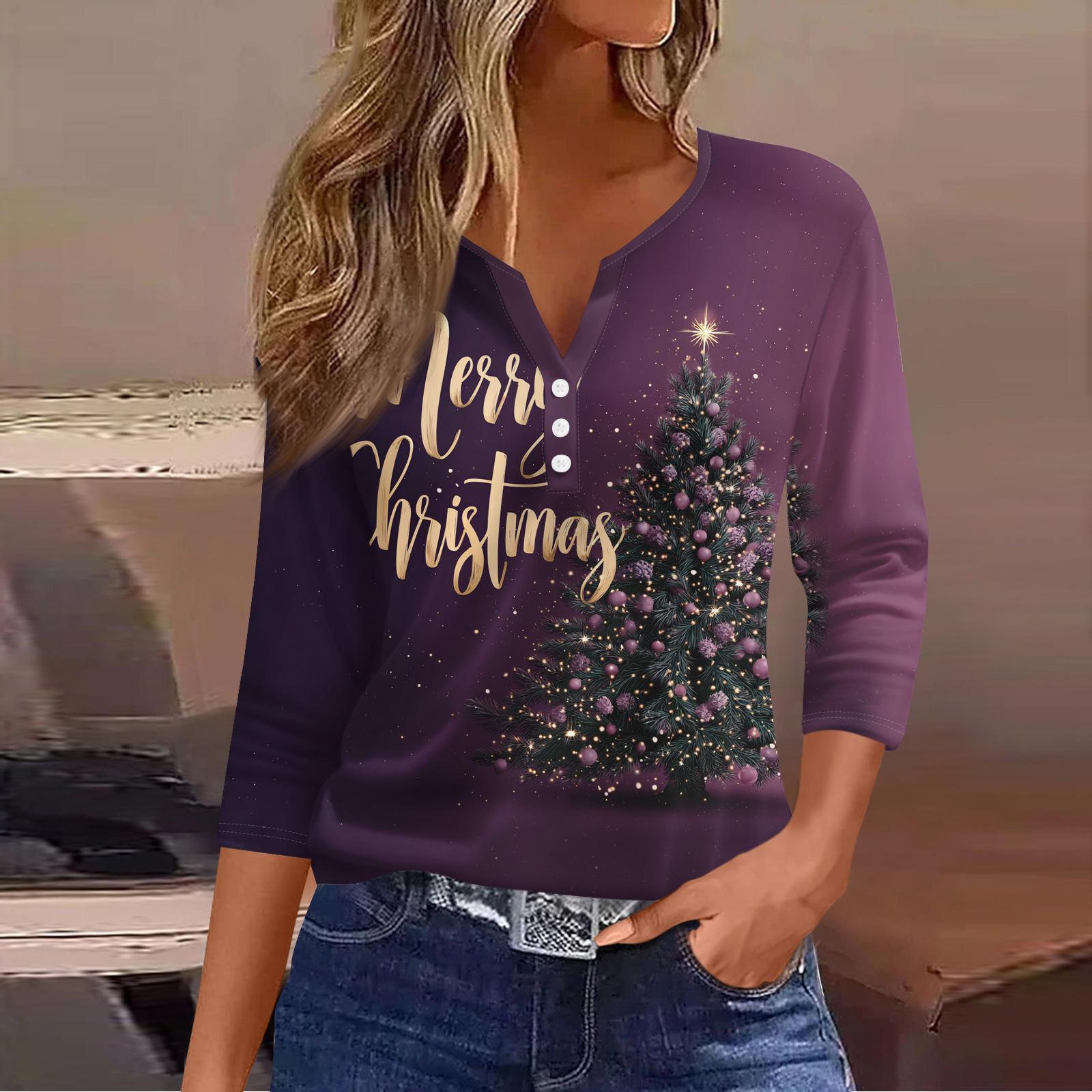 

Женская модная повседневная футболка с принтом рождественской елки, V-образным вырезом, декоративными пуговицами и рукавом три четверти XXXL фиолетовый