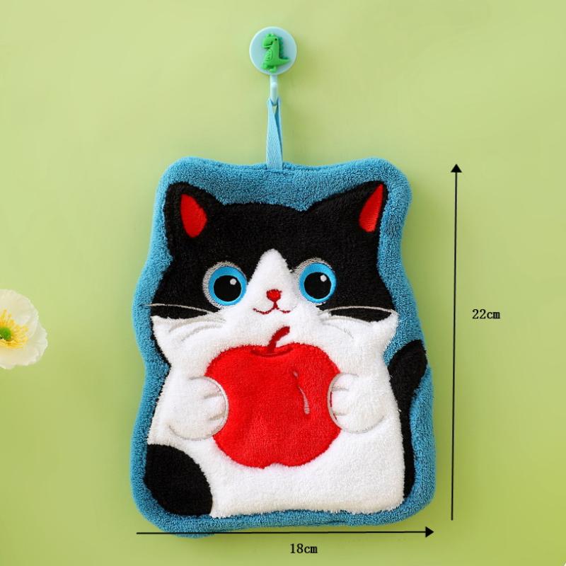 Cartoon Coral Velvet Hand Towel For Kitchen Kawaii Cat Hand Wipe Cleaning Cloth Bathroom Hanging Towel Absorbent Clean Rag