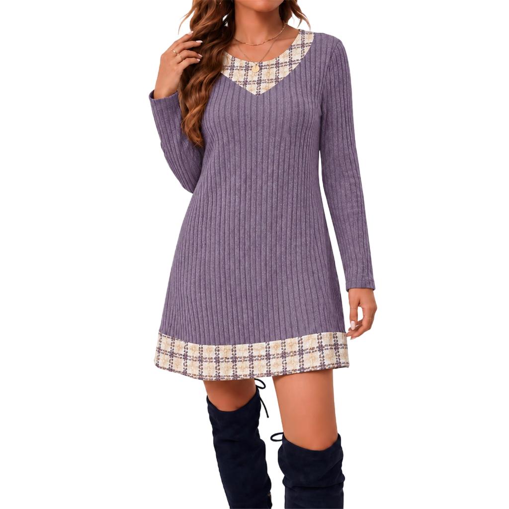 Tunica Casual da Donna a Girocollo a Manica Lunga con Patchwork a Quadri di Media Lunghezza