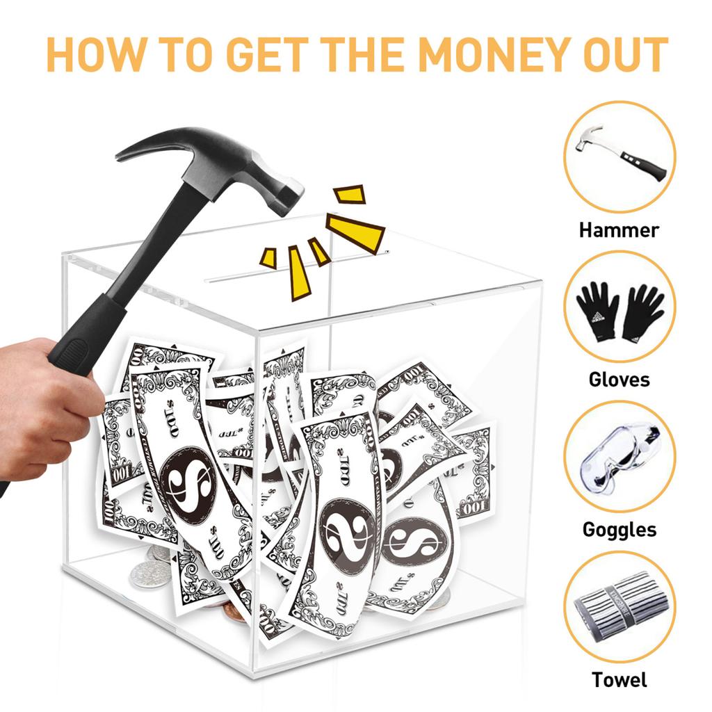 Yousheng Clear Acrylic Money Saving Box Unbreakable Piggy Bank 365 Days Cash Vault Saving Challenge Box Must Break to Open Money Bank to Save 10K