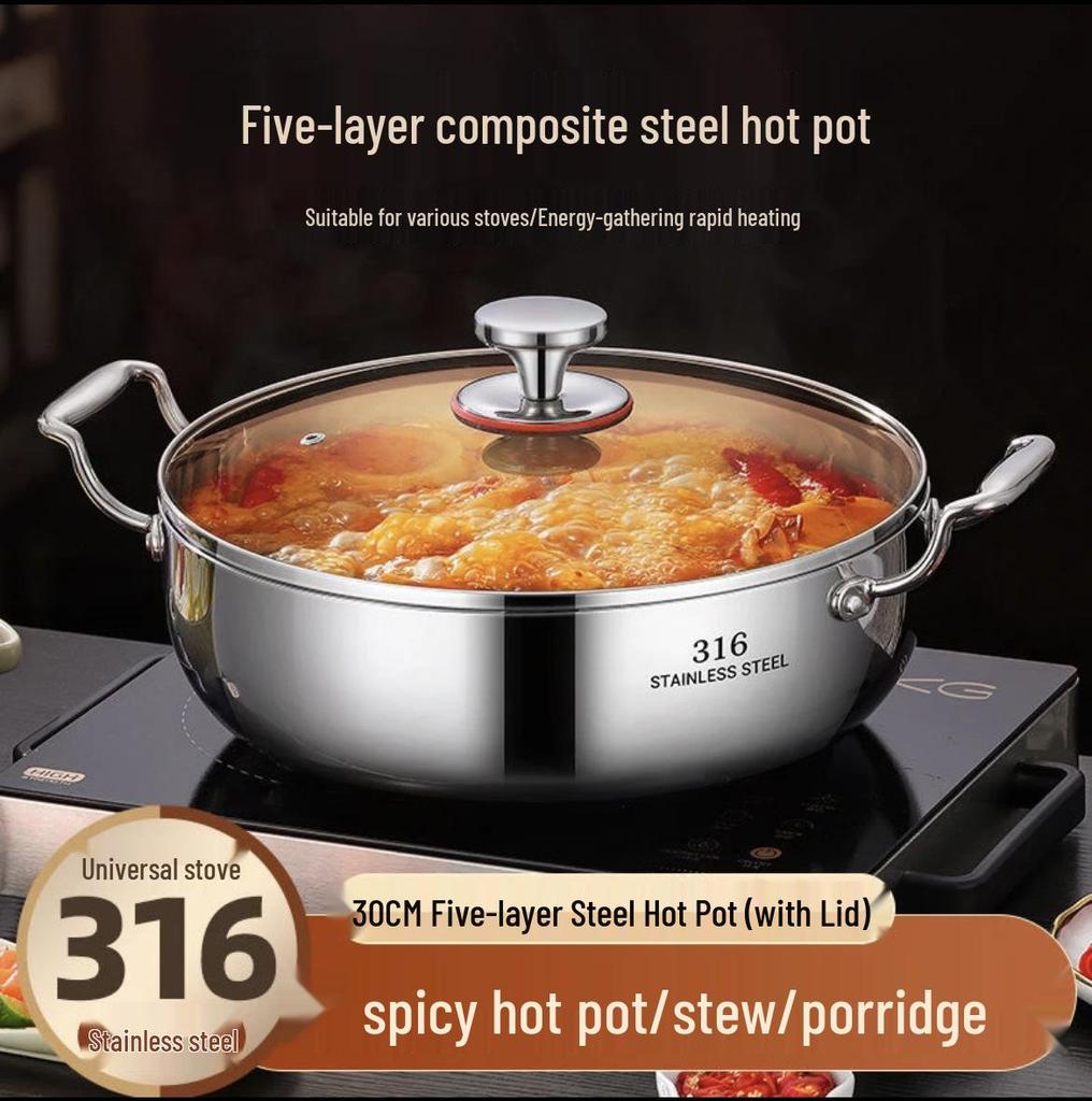 German 316 Stainless Steel Extra Thick Large Capacity Hot Pot & Steamer - Induction & Open Fire Compatible