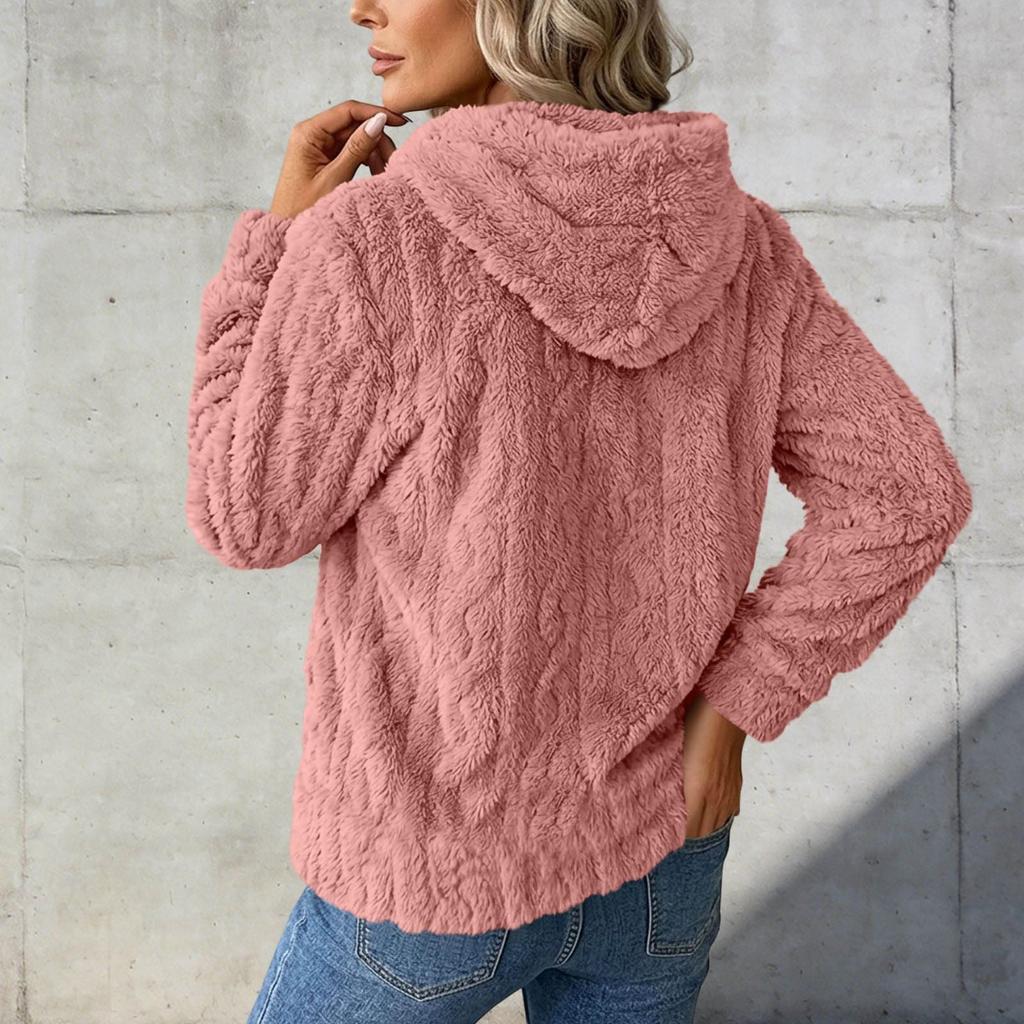 Women's Color Double-Sided Plush Hooded Zip-Up Cardigan Jacket