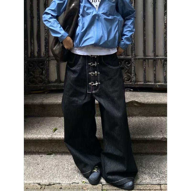 Plus-Size American Street Style Multi-Button Design Jeans for Men and Women, 2026 New Loose Wide-Leg Curved Pants Trendy