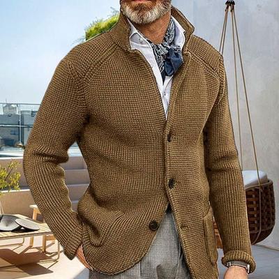 Men Sweater Coat with Dual Pockets Single-breasted Knit Elastic Long Sleeves