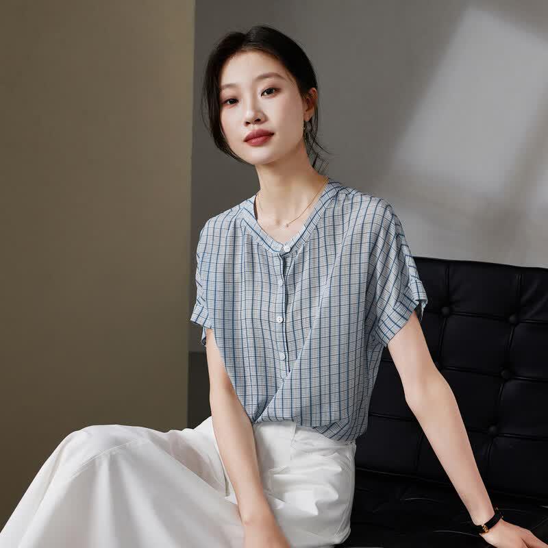 SOFSIL Women's Silk Plaid Round Neck Short Sleeve Blouse