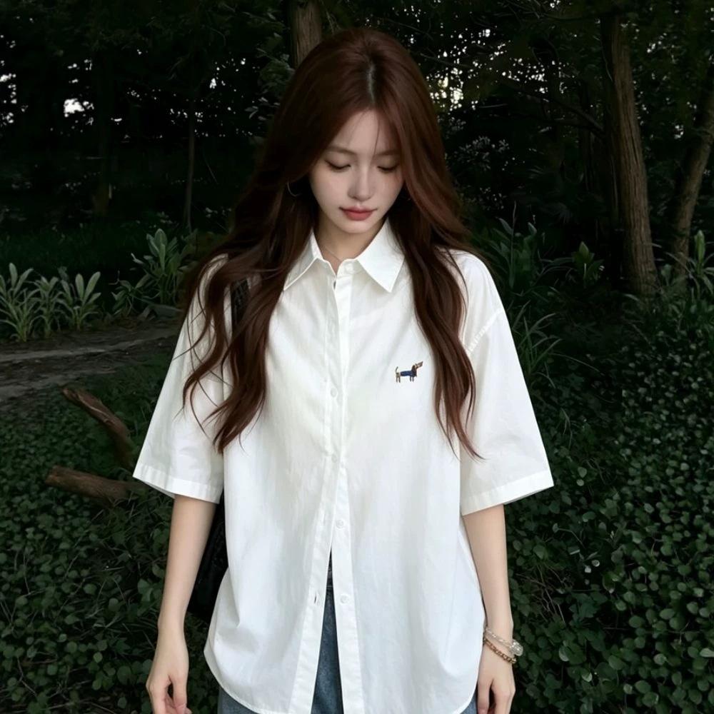 Retro Puppy Embroidered White Short-sleeved Shirt Women's Spring Summer New Loose and Thin Lapel Versatile Casual Shirt