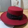 Top Hat Female Autumn and Winter Hepburn Style British Retro Imitation Wool Flat Top Hat Rhinestone French Celebrity Simple Personality Hat