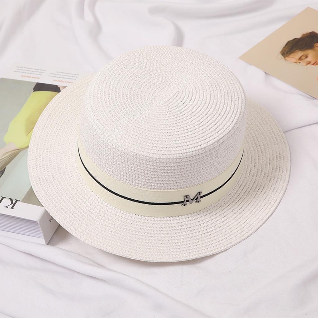 Hat Women's Summer British Flat Top Hat Seaside Shade Sun Protection Beach Straw Hat Fashion Flat Brim Casual Hat