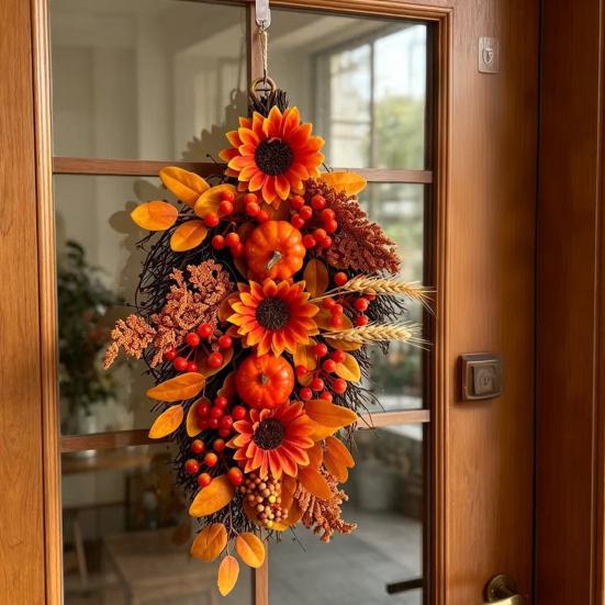 Reusable Autumn Harvest Ornament Fall Sunflower Swags Wreath, Maple Leaves And Berries Hanging Decor Artificial Wreath for Front Door Seasonal