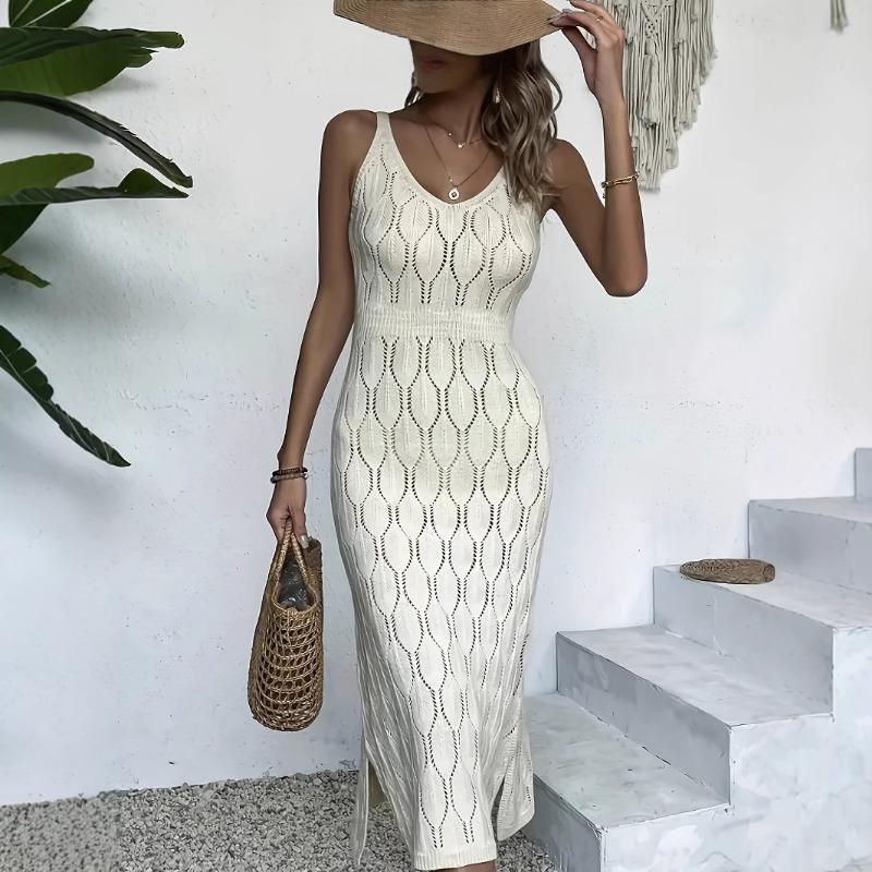 Damen Sexy Taillenbetonend Einfarbig Ausgestanzt Gestrickt Elegant Strand Midi Kleid