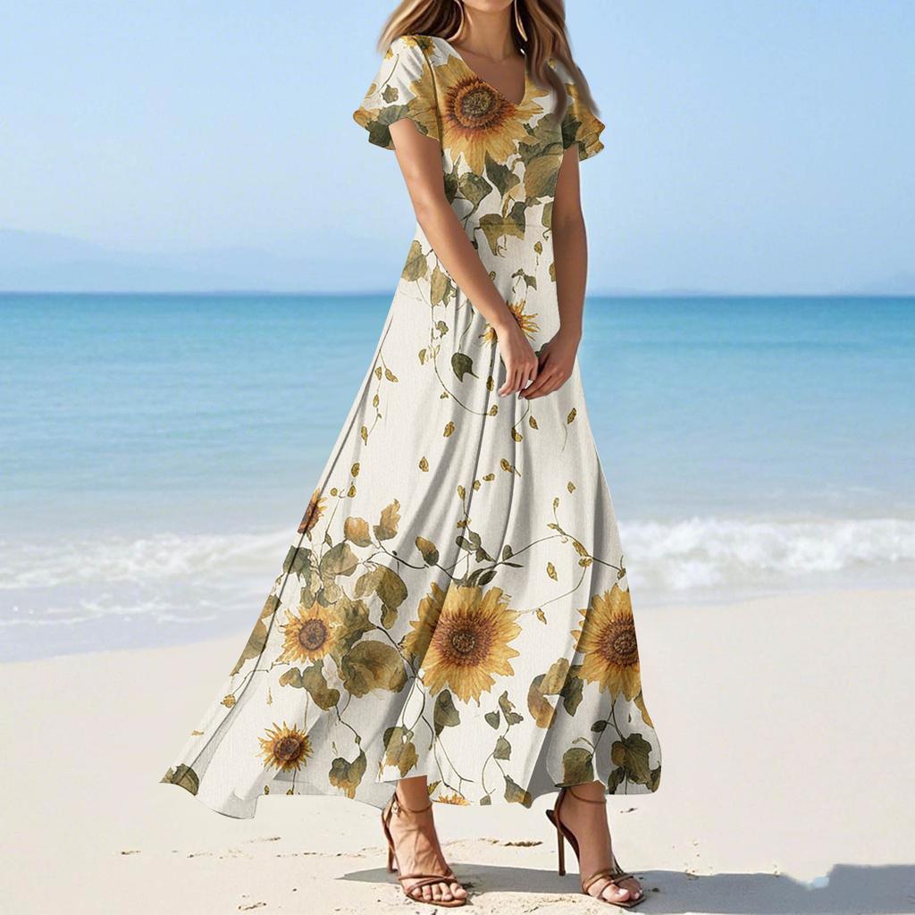 Women's Summer Casual Fashion Print Color Dresses V-Neck Short Sleeve Dresses