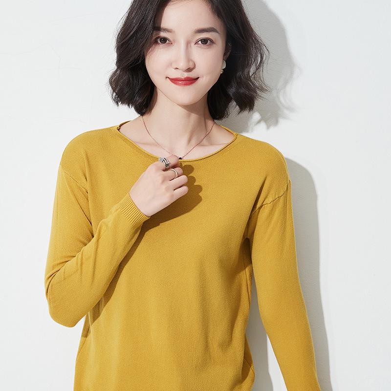 Autumn/Winter Women's Wool Sweater: Round & V-Neck, Rolled Edge, Long Sleeve, Thin Knit Top