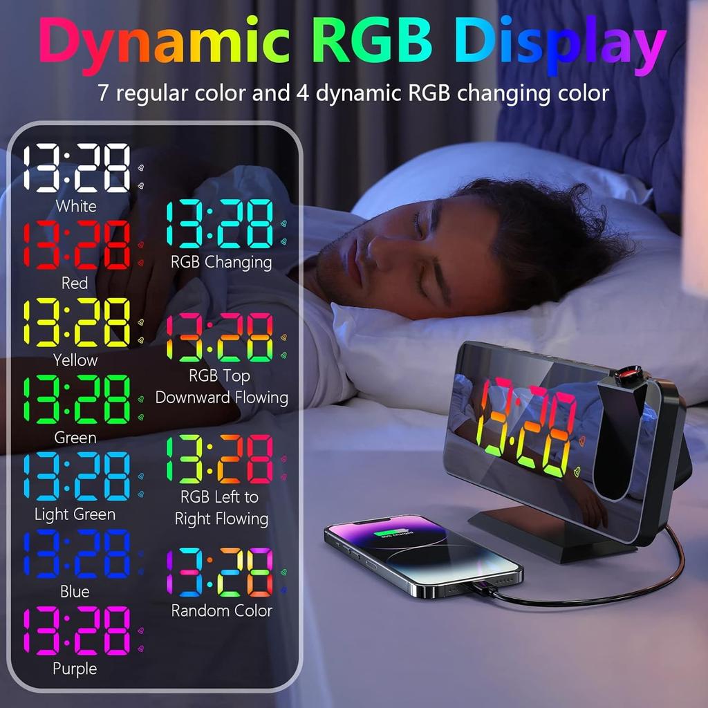 Multi-Functional Projection Alarm Clock Mirror LED Display Auto Dimming Light Snooze Dual Alarms 180° Rotatable Time Projector for Bedroom