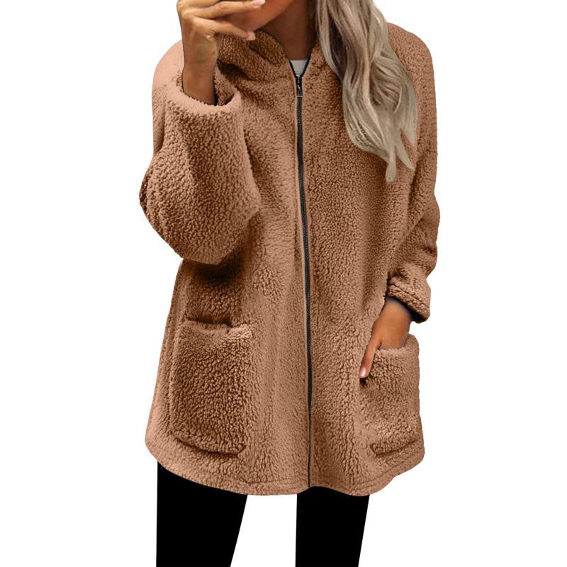Women S Loose Plush Long Sleeve Hooded Zip Up Cardigan Coat