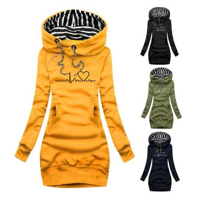 Tasca frontale con coulisse Maniche lunghe Pullover di media lunghezza Felpa con cappuccio Donna Autunno Inverno Battito cardiaco Stampa Felpa con cappuccio slim fit Capispalla