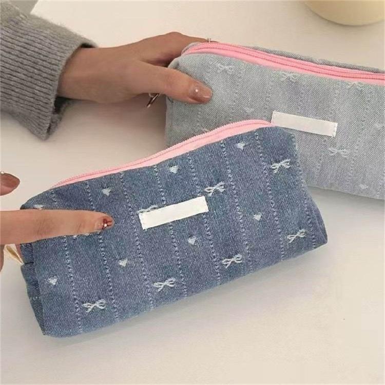 Jeans Fabric Pen Case Large Bowknot Pencil Bag Spacious Compartment Travel Makeup Bag for Student Women Travel Essential