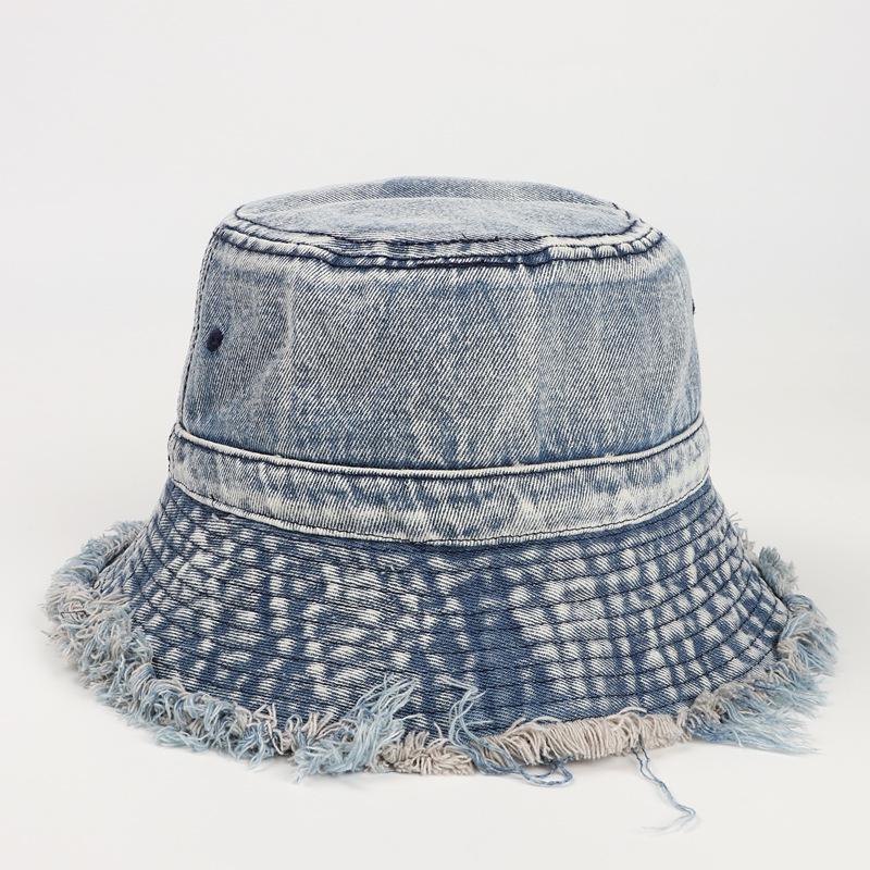 

Korean Denim Distressed Wide Brim Bucket Hat - Women s Retro Sun Protection Basin Hat M (56-58cm) светло-синий