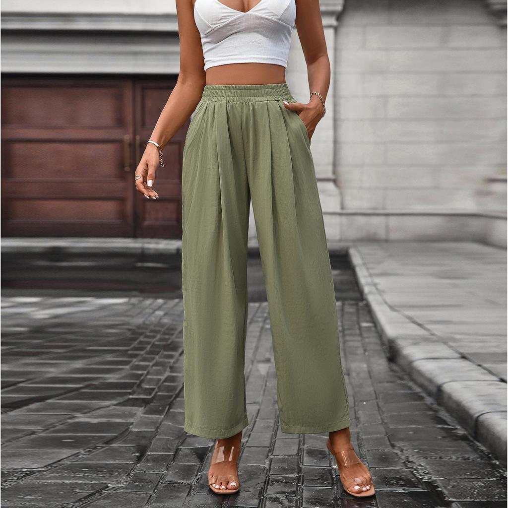 Women's Casual Fashion Solid Color Elastic Waist Pocket Wide Leg Straight Leg Cropped Pants