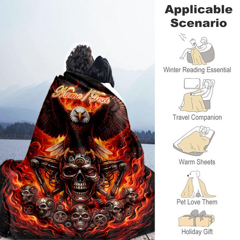 1PC Custom Name Eagle Skull Flames Artwork flannel blanket versatile,all-season throw suitable for the living room,bedroom,camping,travel,and gift