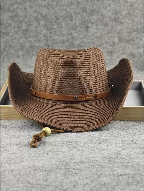 57-62cm Western Cowboy Hat - Stylish Jazz Sun Hat for Men & Women, Wide Brim Beach Hat with Windbreak Rope