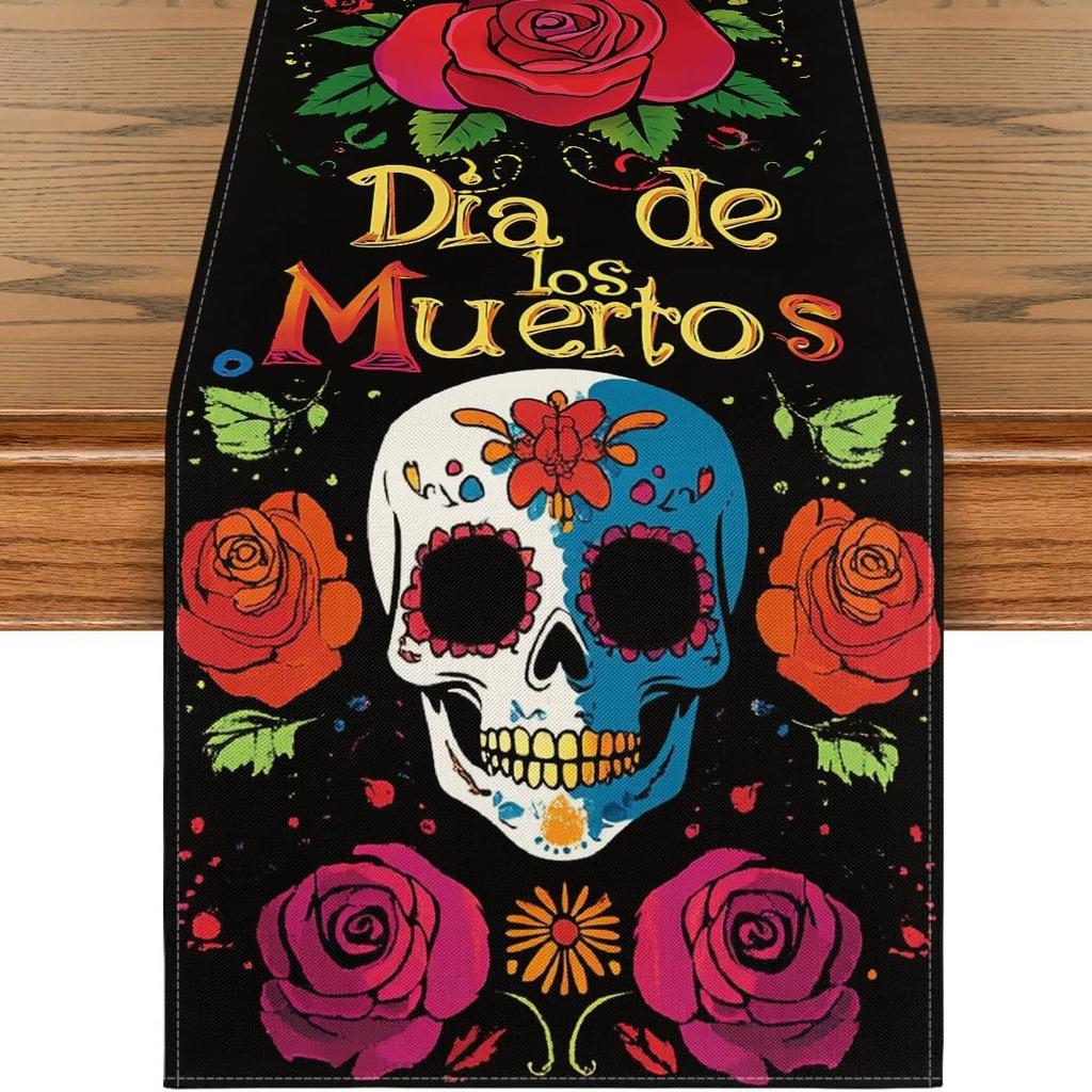 Flowers Sugar Skull Mexican Day of The Dead Table Runner,Dia De Los Muertos Kitchen Dining Table Decoration for Home Party Decor
