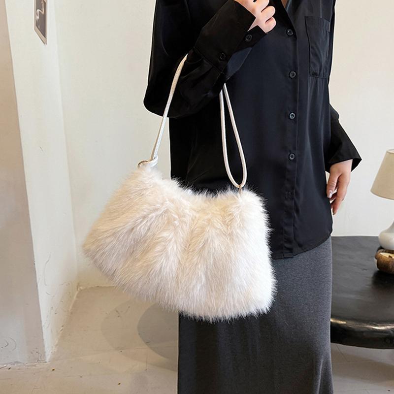 Luxury Furry Shoulder Bag Solid Color Soft Tote Bag Large Capacity Fluffy Clutch Bag