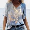 Women's T-shirt 2025 Summer New 3D Gradient Print Loose Retro Women V-neck Short Sleeved Street Style T-shirt Casual Top