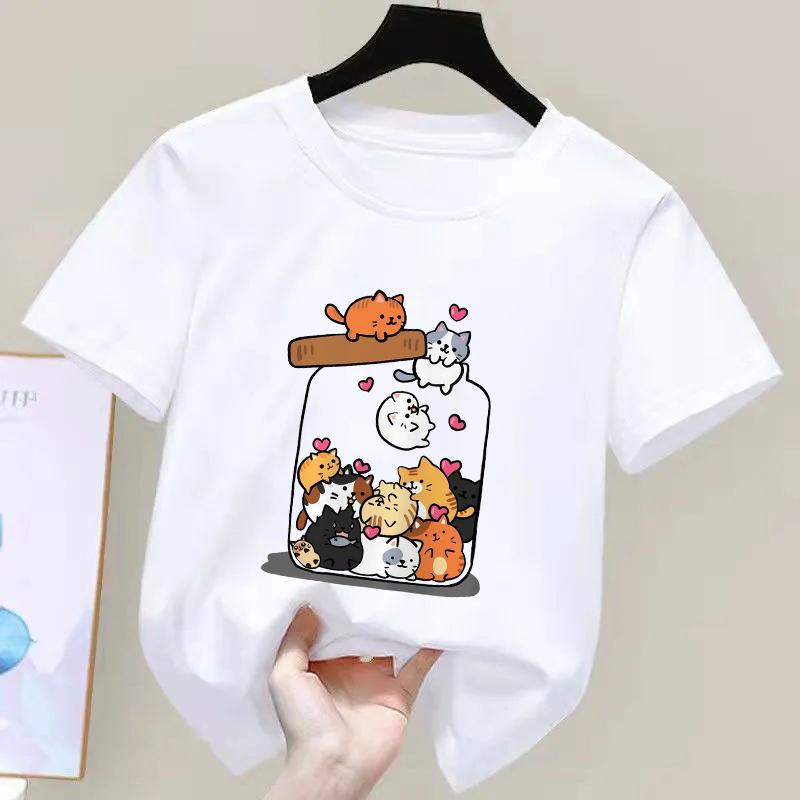 Fashion Funny Cat T Shirt Kids Letter Print Short Sleeve Round Neck Boys Girls Casual Summer Breathable Tshirt