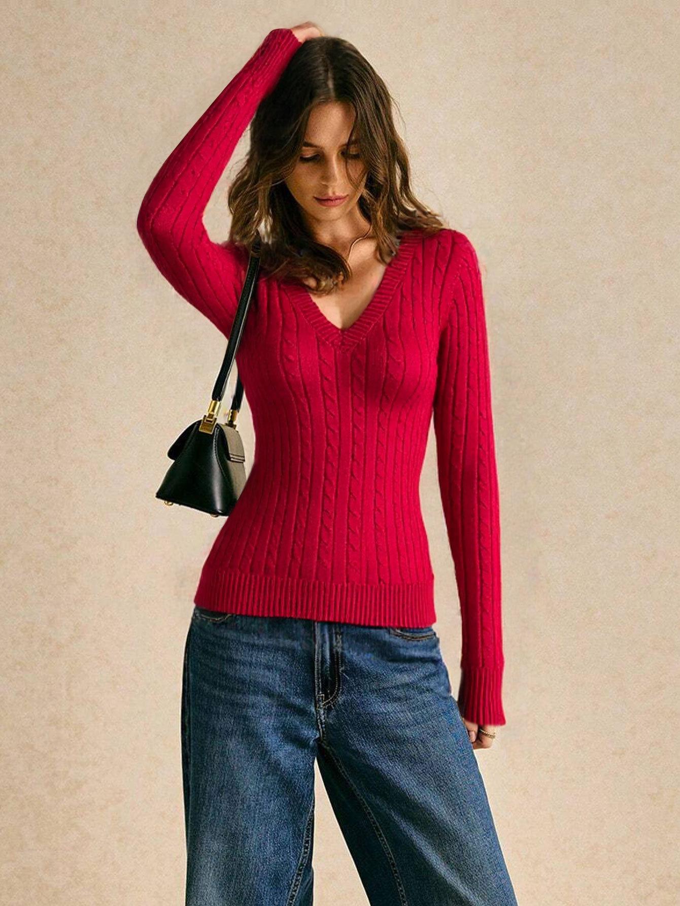 Spring and summer American retro V-neck slim-fit twist needle striped long-sleeved neutral wind women s simple sweater S красный