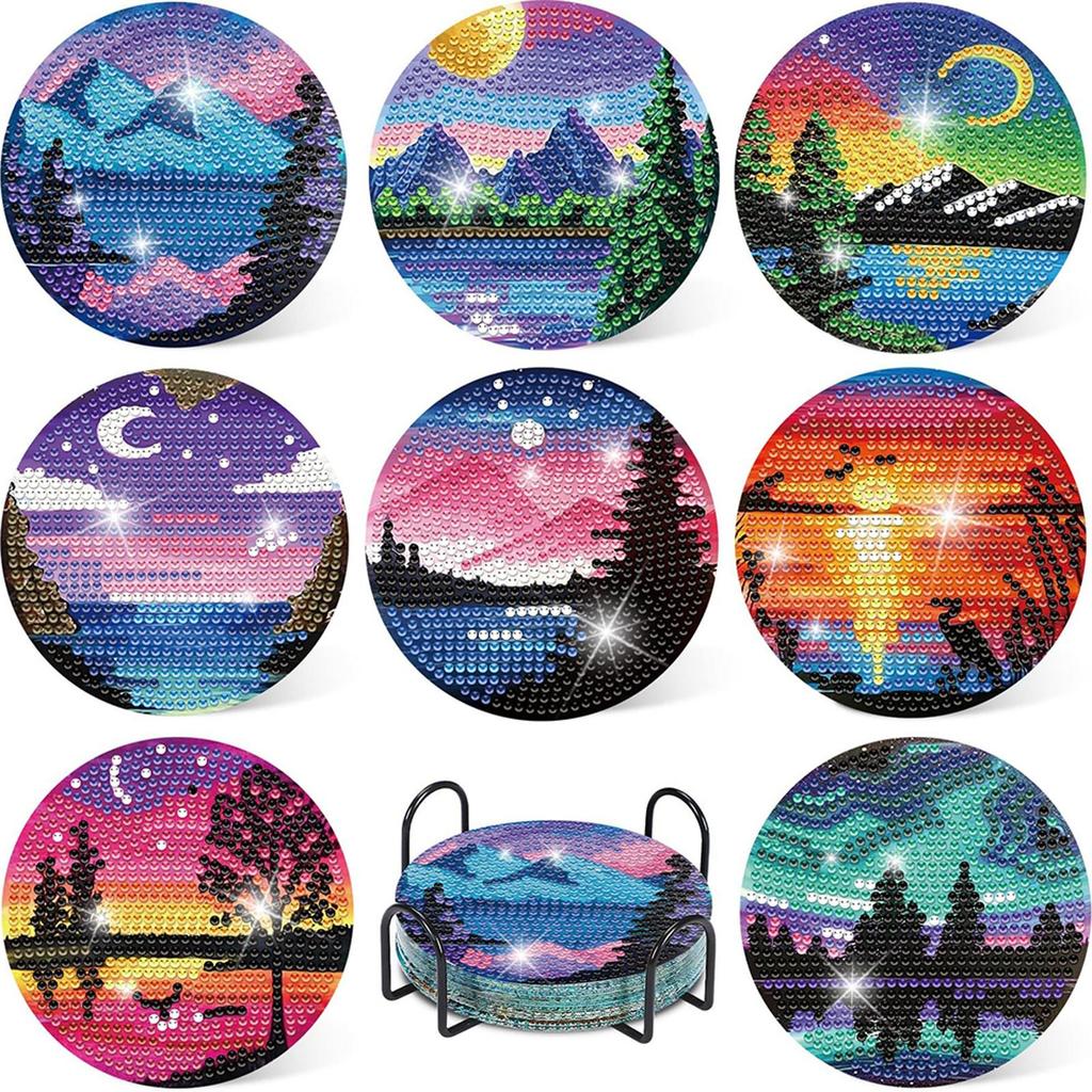 8/10 Stuks Diamant Schilderen Onderzetters met Houder Landschap Diamant Kunst Schilderen Kits Kat DIY Diamant Kunst Onderzetter Kunst Ambachtelijke Benodigdheden