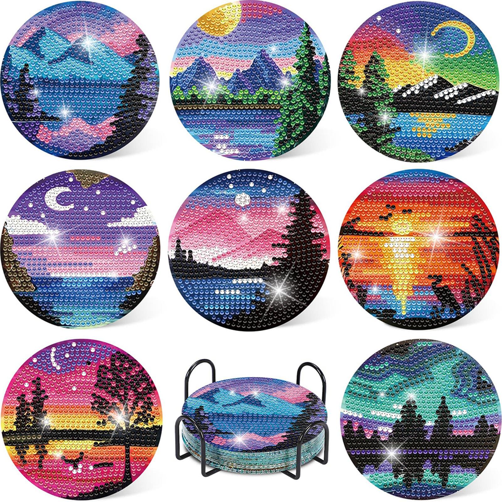

8/10Pcs Diamond Painting Coasters with Holder Landscape DIY Diamond Crafts Projects Tree of Life Cat for Beginners Adults Gift