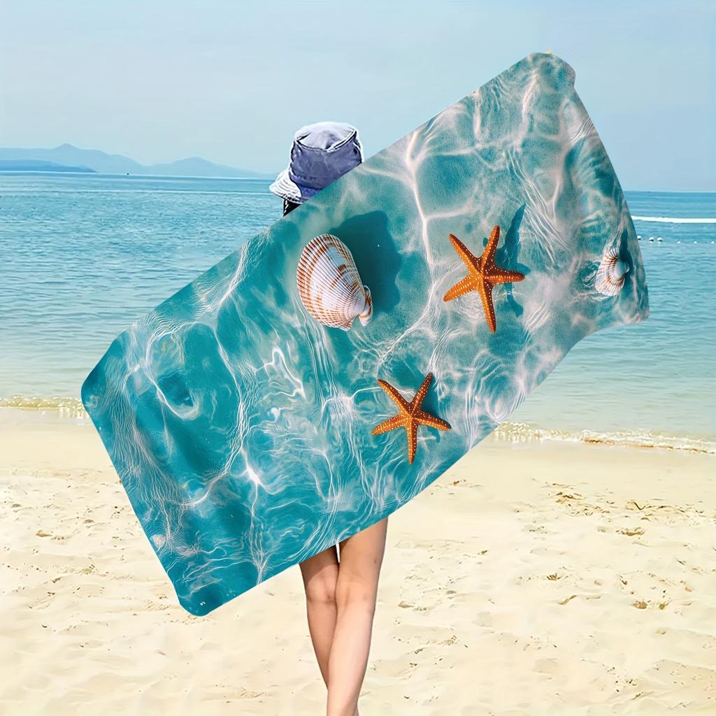 Starfish And Shell Pattern Microfiber Beach Towel - Quick Dry, Lightweight - Great For Travel, Yoga, Camping, Beach Blanket