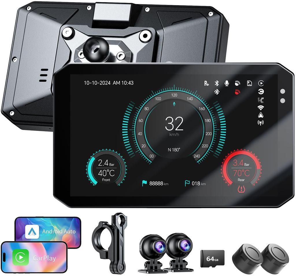 OKYES Motorcycle Dash Cam with Android Auto Metal 1000nit Smart Front and Rear Supports and Intercom Waterproof and Technical Approval Includes 64GB