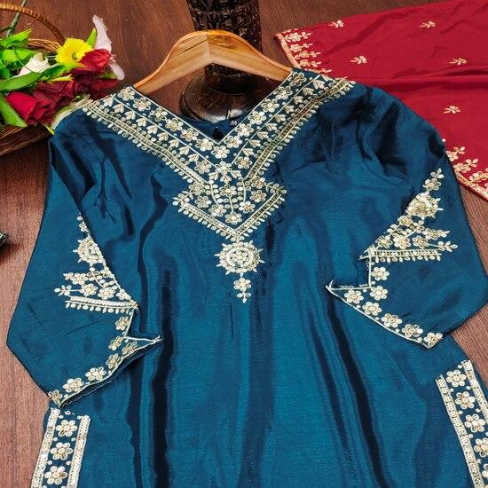 Luxurious Teal Embroidered Kurta Set