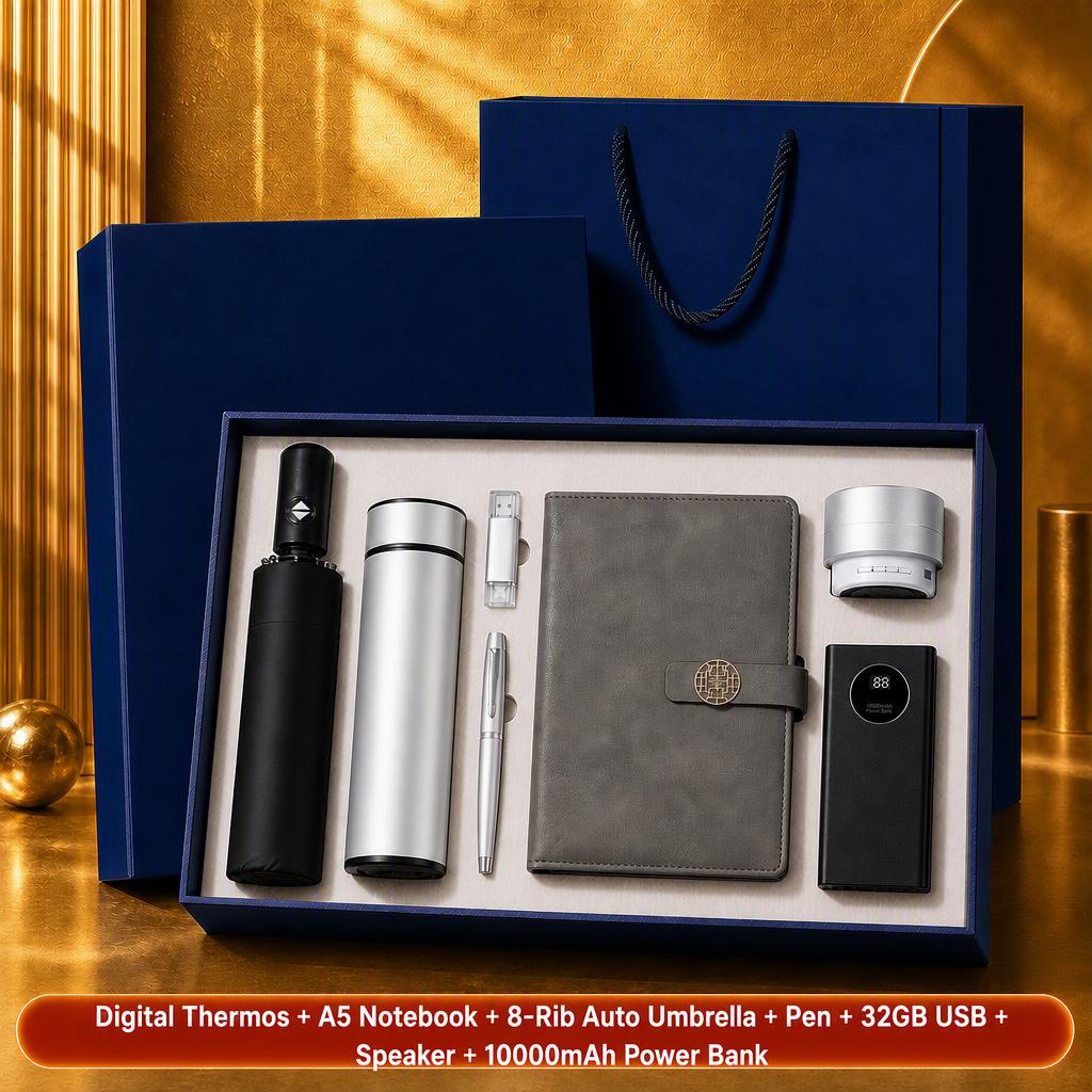 Custom Logo 7-in-1 Business Gift Set Power Bank Bluetooth Speaker Vacuum Flask 304 Stainless Steel Silver Gift Box