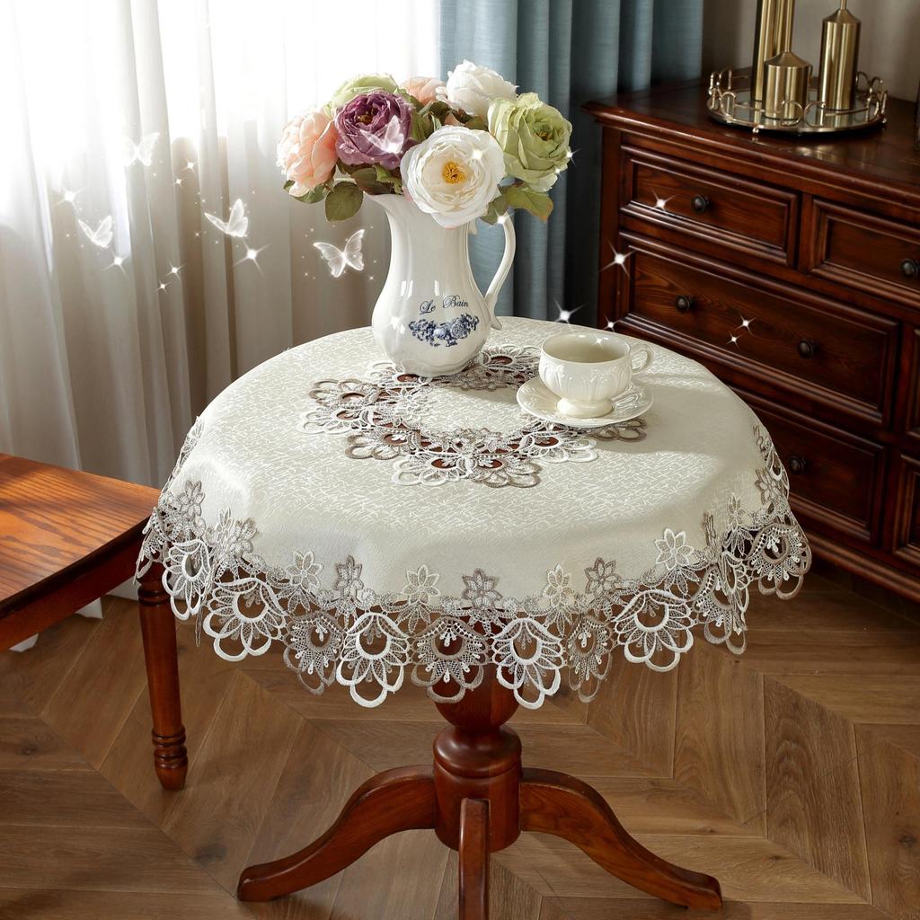 A Beautifully Embroidered Polyester Round Tablecloth with a Two-tone Lace Border - Machine Woven, 100% Polyester for Dining Room, Kitchen and Event
