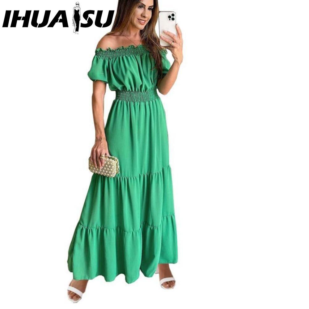 

IHUASU Длинное платье с открытой спиной и эластичной талией Популярный богемный стиль с открытыми плечами M