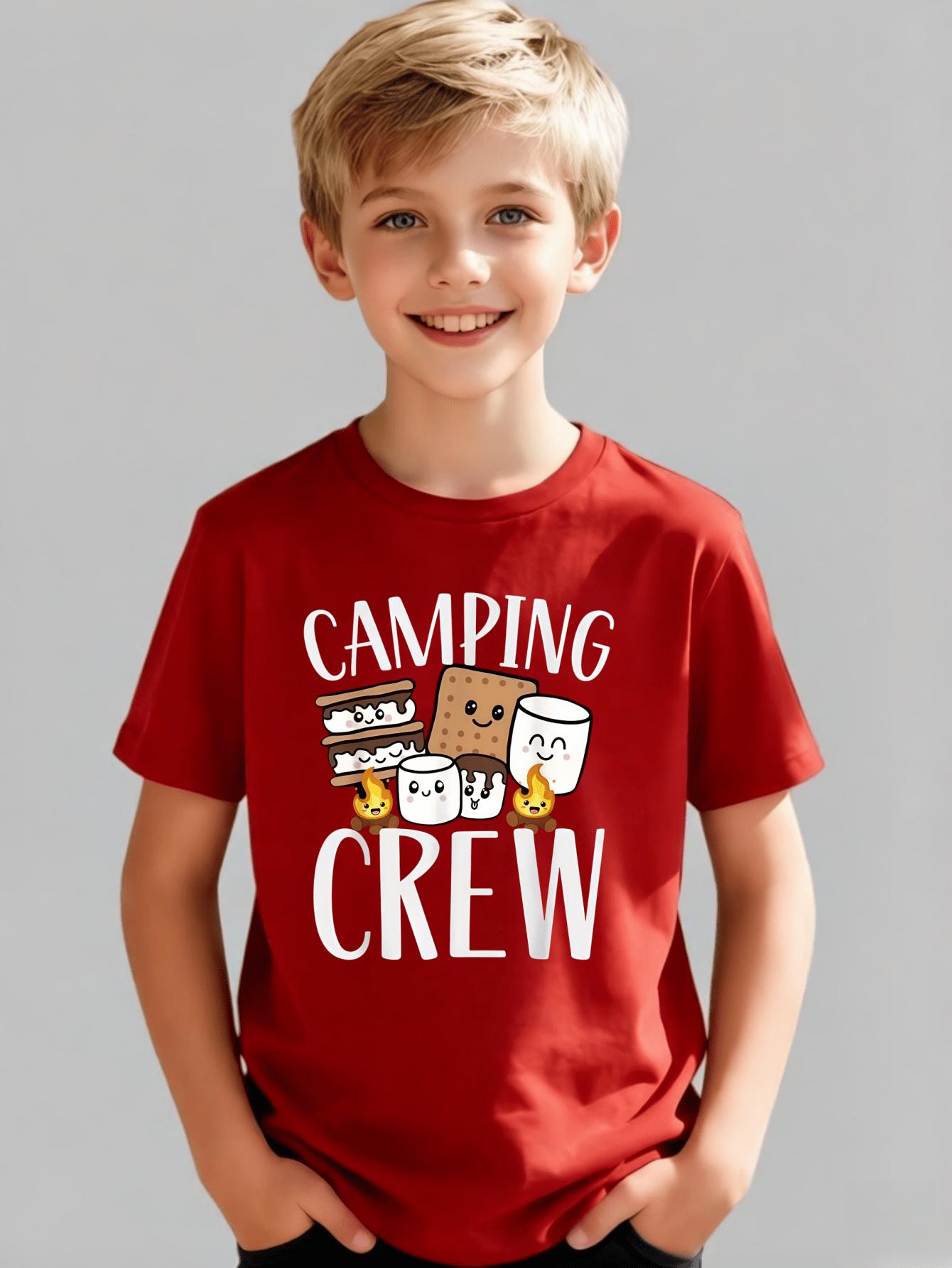 T-shirts for boys and girls - boys short-sleeved camping group letter printed graphic T-shirt, round neck casual summer 100
