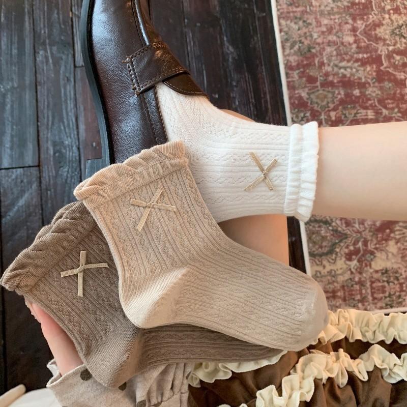 Autumn Sweetly Piled Stockings - Embroidered Butterfly Knots, Combed Cotton Mid-Calf Stockings, Ballet Style, Lolita Style